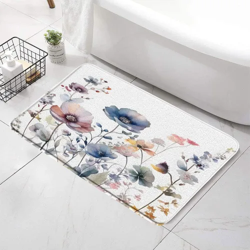 Vista 2 de Alfombra de baño con diseño floral de acuarela, color beige y rosa, diseño rústico de flores silvestres azul, blanco, gris, bohemio, botánico