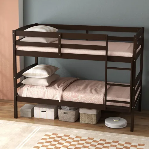 Vista 9 de KOMFOTT - Litera con tamaño doble sobre dos individuales, estructura de litera de madera con barandilla de longitud completa y escalera integrada