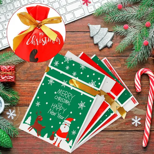 Vista 2 de 50 bolsas de dulces de Navidad, bolsas de regalo de Navidad con cordón de plástico para fiestas de cumpleaños, envoltura de aperitivos, regalo