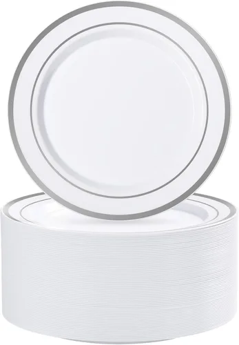 Vista 9 de BESTVIP 50 platos de plástico dorado transparente de 7 pulgadas, platos desechables para ensalada y postre con borde dorado para Navidad, Acción