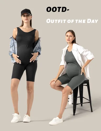 Vista 5 de SUNNYBUY Body de maternidad para mujer, sin costuras, para embarazo, acanalado, bodycon, pijama, camiseta sin mangas, pantalones cortos