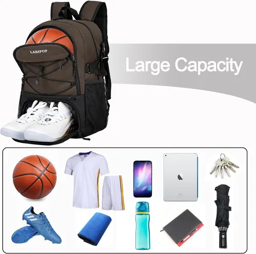 Vista 3 de LARIPOP Basketball Backpack with Ball Compartment - Ventilated Shoe Pocket Fits US Size 15, Water Resistant 30L Sports Bag for Men Women Teen