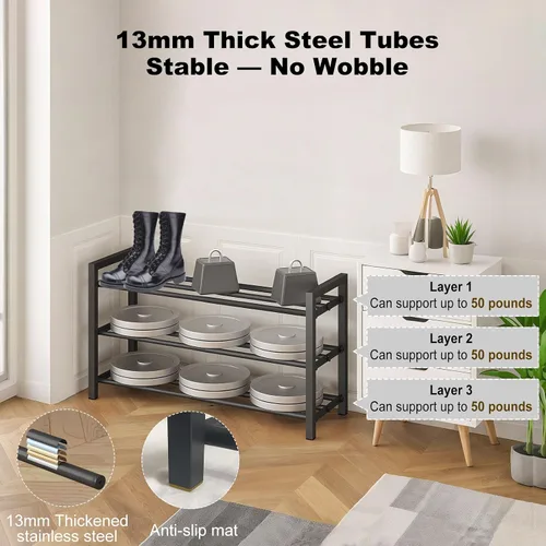 Vista 6 de Detsuk estante de zapatos ampliable de 2 niveles (44.5 cm-78 cm) – Estante organizador de zapatos ajustable de metal resistente para armario