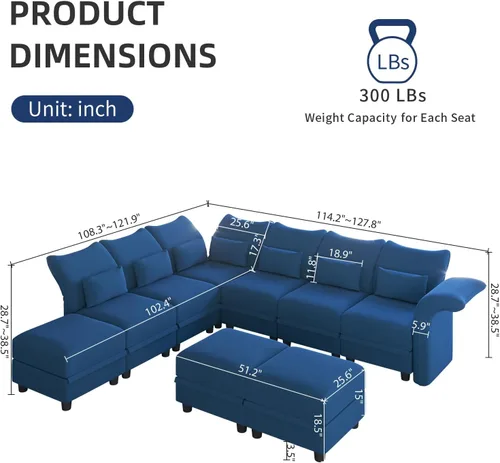 Vista 2 de LLappuil Sofá modular modular en forma de L con diván reversible convertible de 5 plazas con almacenamiento para sala de estar, color azul