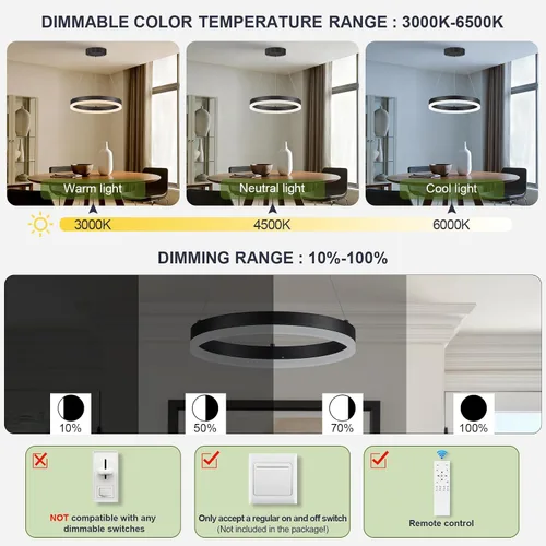 Vista 7 de Benkut Lámpara de Araña de Anillo LED Moderna Negra para Comedor, Lámpara de Araña de Techo Circular Empotrada Regulable con Control Remoto