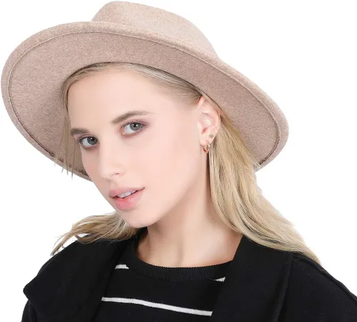 Vista 4 de Lanzom Sombrero de lana clásica para mujer con hebilla de cinturón y ala ancha Panamá