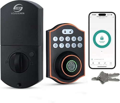Vista 10 de Cerradura inteligente de puerta de huellas dactilares, cerrojo de entrada sin llave con teclado electrónico, control de aplicación Bluetooth, Negro