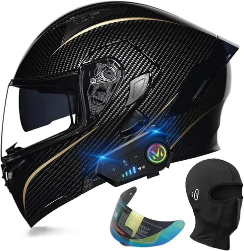 Vista 9 de Casco de motocicleta modular con Bluetooth, aprobado por DOT, casco de cara completa abatible, con visera doble, altavoces duales y micrófono