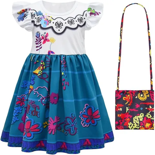 Vista 9 de COTRIO Disfraz de princesa para niñas con bolsa, disfraz de Halloween para niños, trajes de cumpleaños, vestidos de fiesta, ropa de juego de rol