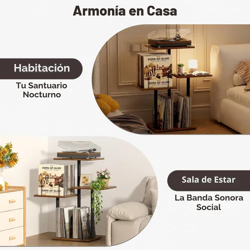 Vista 5 de Bikoney - Soporte Botánico para Tocadiscos con Almacenamiento de Vinilo, Mueble de Mesa para Tocadiscos de Madera con Estante para Discos LP