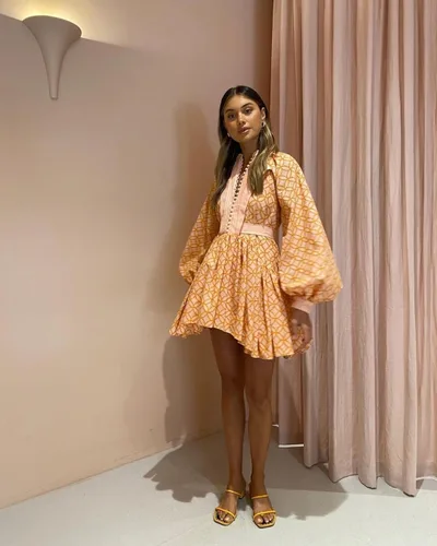 Vista 8 de Aox Women Vestido de manga con volantes y botones para la cintura, con bolsillos, mini falda con correa para la cintura