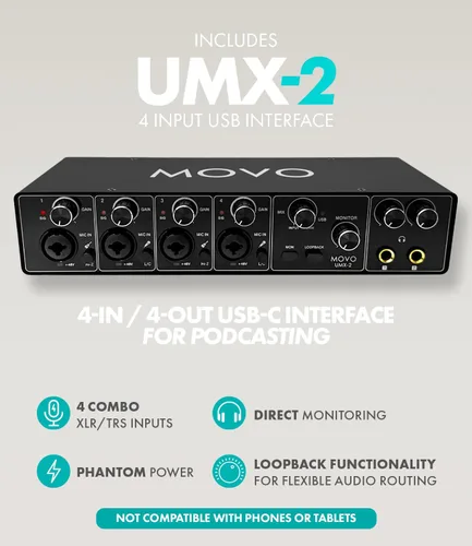 Vista 3 de Movo Paquete de equipos de podcast para 4 personas - Interfaz de audio USB de 4 canales, 4 micrófonos dinámicos CastMic, 4 brazos Boom - Kit