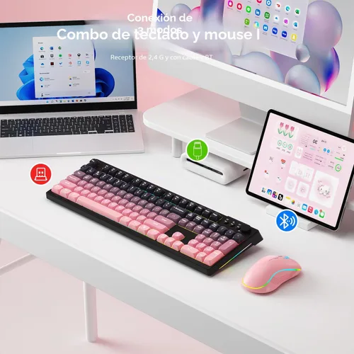 Vista 2 de Combo de teclado y mouse inalámbricos, batería recargable con retroiluminación RGB de 2000 mAh, teclados de computadora inalámbricos, teclado