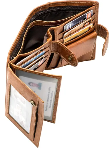 Vista 5 de POKOFO Gran RFID Cuero Genuino Tarjetero Trifold Wallet Snap Cierre 3 ID Windows para los hombres
