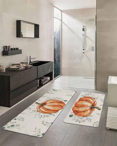 Vista 2 de Tapete de baño naranja con calabaza de Acción de Gracias para bañera, antideslizante, de secado rápido y absorbente, tierra de diatomeas