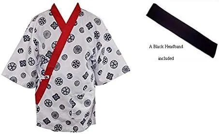 Vista 3 de Talla L Sushi Chef Chaqueta Japonesa Chef Uniforme con Diadema Negra Patrón de Fruta