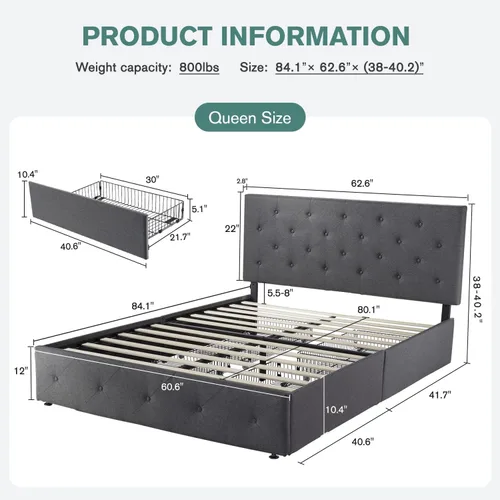 Vista 2 de IMUsee Base de cama Queen con plataforma tapizada con 4 cajones de almacenamiento y cabecera ajustable con botones cosidos de diamante, soporte