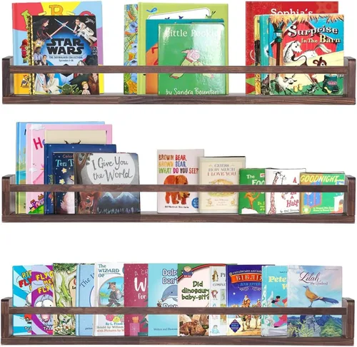 Vista 25 de AZSKY Estantes clásicos para libros de guardería, estantes flotantes de madera negra, estantería de pared para decoración de baño, cocina, especias