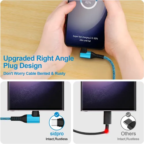 Vista 4 de Cable de carga USB C tipo C, cable de carga rápida, paquete de 2 cables de alimentación de teléfono Android de 6 pies en ángulo recto para Samsung