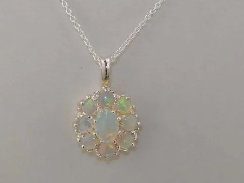 Vista 6 de Ladies Solid 925 Sterling Silver Natural Fiery Opal Large Cluster Pendant Necklace