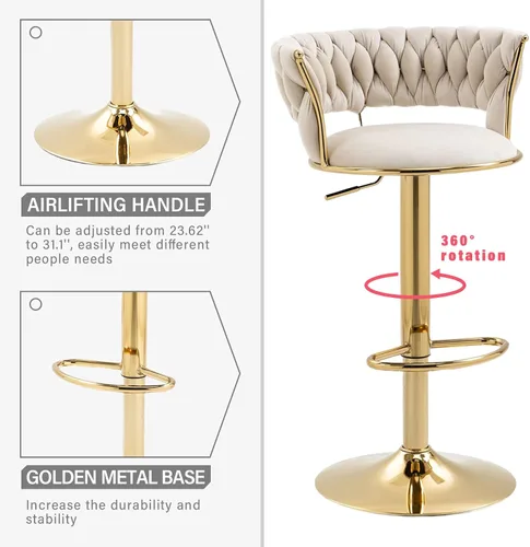 Vista 5 de RXR - Juego de 2 taburetes de bar de terciopelo, taburetes de bar de altura de mostrador con altura ajustable y taburete giratorio de 360°, silla