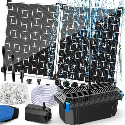 Vista 15 de Antfraer Kit de bomba de fuente solar de 12 W y filtro de estanque, sistema de filtración integrado con 4 boquillas, filtro de estanque de tubo