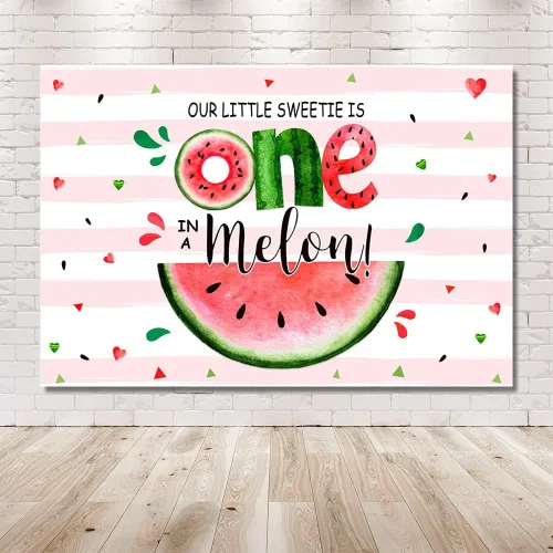 Vista 6 de MEHOFOND Fondo de verano de 7 x 5 pies con texto en inglés "Sweetie One in A Melon", para fiesta de primer cumpleaños, suministros para fiesta