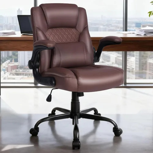 Vista 9 de Silla de Oficina para el Hogar con Soporte Lumbar, Asiento Engrosado de 5", Pequeña Silla de Escritorio Mecedora de Cuero PU, Cómodas Sillas
