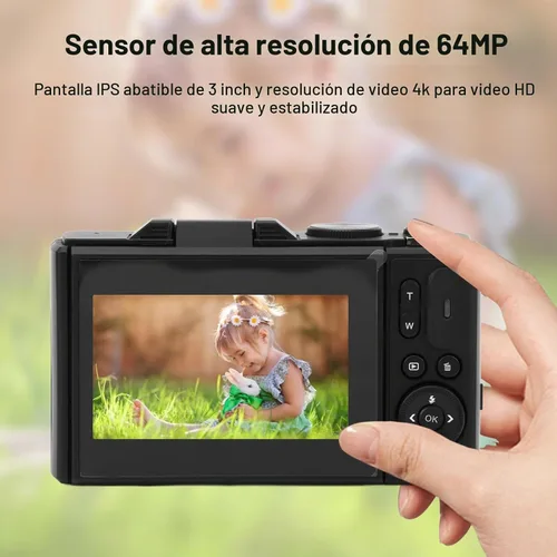 Vista 2 de Cámara digital, cámara de vlogging 4K UHD de 64 MP con pantalla abatible de 3 pulgadas, zoom digital 18X, antivibración, enfoque automático, función
