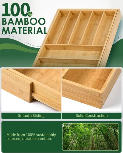Vista 4 de Upolana Organizador de cajones expandible de bambú de alta calidad, organizador de cajones de cocina ajustable de 7 a 9 ranuras para utensilios