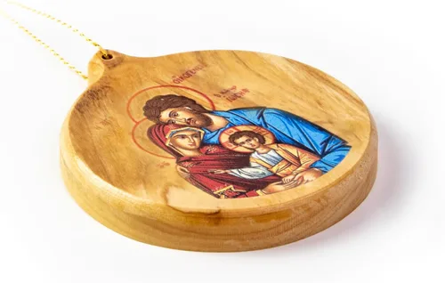Vista 4 de Adornos de Navidad católicos – Sagrada Familia Bizantina Icono Redondo Adornos de Madera de Olivo de Tierra Santa – Pequeños adornos de Navidad