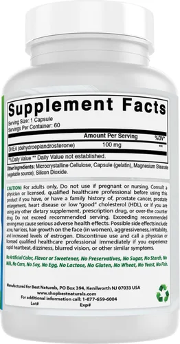 Vista 6 de Best Naturals DHEA Suplemento de 100 mg 60 cápsulas – Apoya los niveles hormonales equilibrados para hombres y mujeres – Promueve un envejecimiento