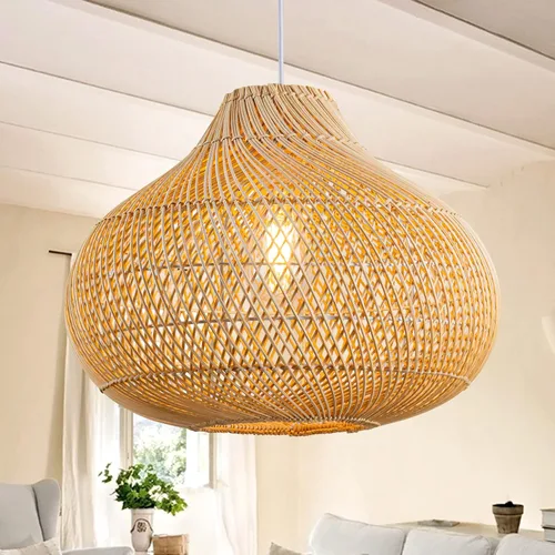 Vista 9 de Luces Colgantes Bohemias, Candelabro de Ratán de 1 Luz de 15.7", Luz Colgante de Mimbre Tejida a Mano con Pantalla de Jacinto de Agua, Luz Colgante
