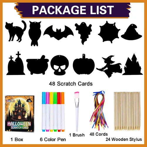 Vista 2 de Max Fun Paquete de 48 tarjetas de papel de arte para manualidades de Halloween, adornos mágicos de arco iris, suministros para colgar, kit