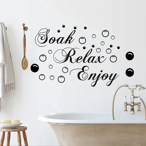 Vista 4 de Calcomanías de pared de baño, calcomanías negras con calcomanías de burbujas, hermosas palabras artísticas de pared, calcomanías para despegar