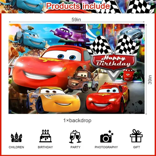 Vista 2 de Suministros de fiesta de automóvil de dibujos animados de 5 x 3 pies, telón de fondo de automóvil Maqueen, pancarta de fiesta de feliz cumpleaños