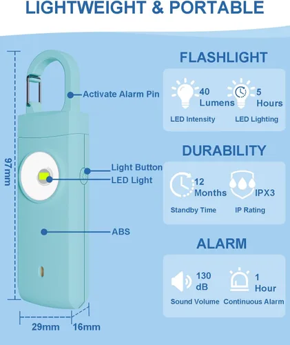 Vista 5 de Alarma de seguridad personal recargable para mujeres, sonido de sirena fuerte, luz LED estroboscópica SOS, carga USB, llavero de alarma personal Agua