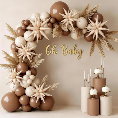 Vista 6 de 9 piezas de globos de estrella beige, grandes globos de papel de aluminio en forma de estrella en explosión, globos de Mylar en punta color crema