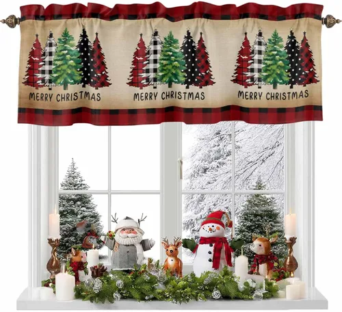 Vista 5 de Cortina de cenefas para cocina, cafetería, cenefa retro para ventana de árbol de Navidad, 1 panel, cortinas cortas de 42 x 12 pulgadas, bolsillo