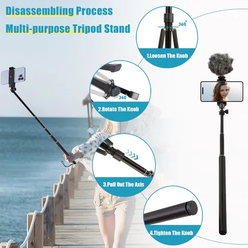 Vista 6 de Trípode para teléfono, trípode para selfie stick de 63 pulgadas compatible con iPhone/cámara/GoPro/cámara web, trípode ligero para teléfono