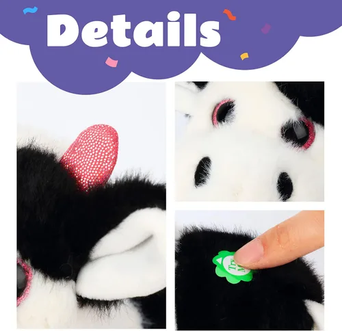 Vista 6 de Vaca Negra Caminando Animal de Peluche Hablando Moo de Peluche Ganado Eléctrico Interactivo Animado Juguetes de Peluche para Niñas Niños Cumpleaños