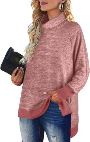 Vista 2 de OFEEFAN - Sudaderas para mujer de cuello tortuga, con dobladillo asimétrico y abertura lateral