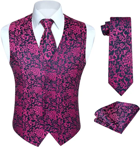 Vista 18 de HISDERN Conjunto de 3 piezas de chaleco formal para hombre, chaleco formal de cachemira floral jacquard corbata bolsillo cuadrado chalecos