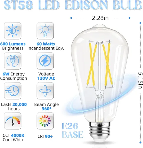 Vista 2 de GvvooHome Bombillas LED Edison, bombilla E26 equivalente a 60 vatios, no regulable, blanco frío 4000 K, bombillas vintage ST58, 90+ CRI, 6 W 600 LM
