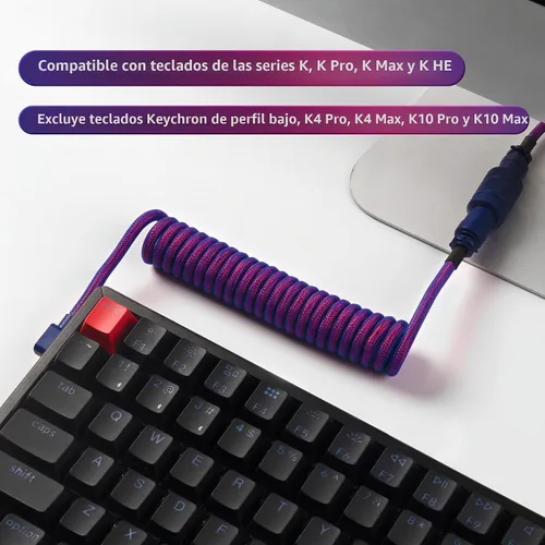 Vista 3 de Keychron Cable morado en ángulo USB-C en espiral premium, conector de metal desmontable GX16 de 5 pines, adaptador USB-A, diseño de doble manga