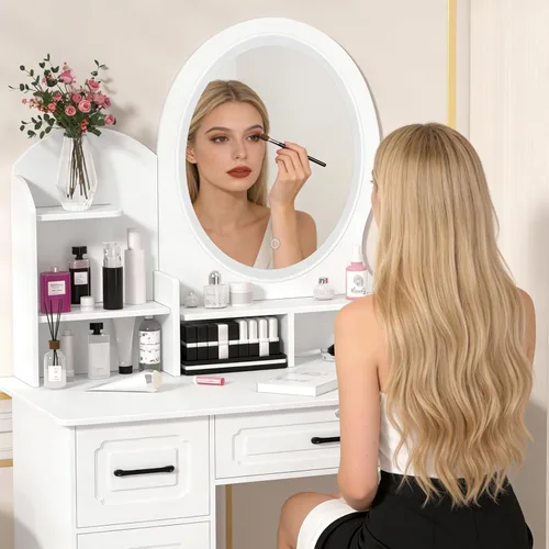 Vista 5 de Escritorio de tocador con espejo LED, 3 modos de iluminación de brillo ajustable, espejo de maquillaje con 4 cajones, tocador para dormitorio