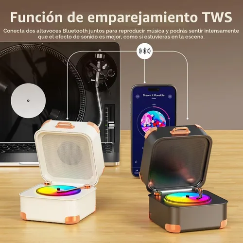 Vista 5 de Altavoz Bluetooth para tocadiscos, mini tocadiscos, vinilo retro, pequeño altavoz Bluetooth inalámbrico, calidad de sonido HD, kawaii, adecuado