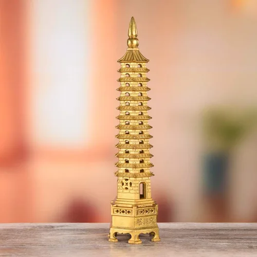 Vista 5 de Estatua de Feng Shui de latón Wenchang Pagoda Capa 13 Torre 11.8 "Longitud Escultura Oficina Hogar Escritorio Decoración Artefactos Atraer Carrera
