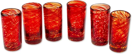 Vista 5 de NOVICA Vasos de chupito de vidrio reciclado de remolino rojo soplado a mano, 2 onzas 'Ripe Ruby' (juego de 6)