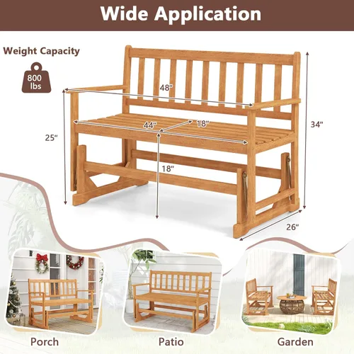 Vista 3 de Tangkula Banco planeador de madera de acacia para 2 personas, resistente 800 libras, sofá biplaza mecedora para patio con asiento y respaldo